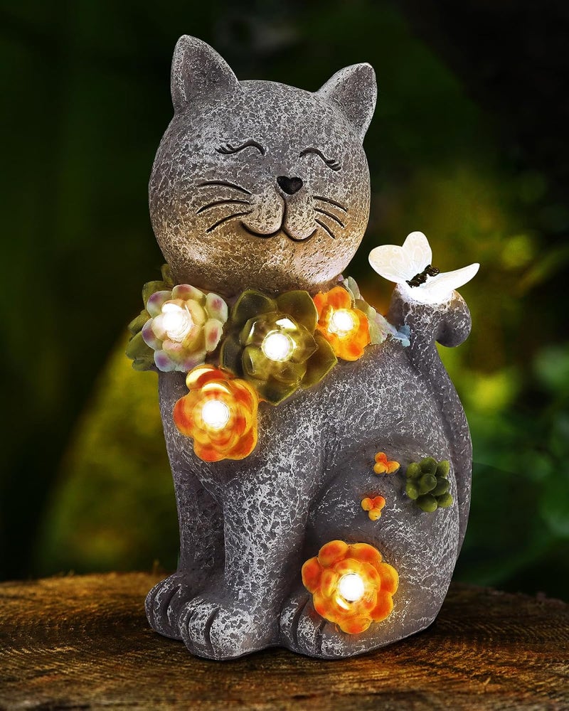 Vuees Solar Garden Statues Outdoor Decor, 6 LED Cat Flowers Butterfly Figurine Lights, Waterproof for Balcony Patio Porch Lawn Yard Ornament Art - Gift Ideas for Housewarming Gardening Grandma Women - Image 1